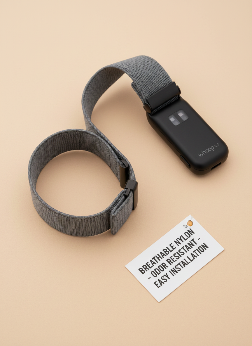 Gray Fresh Strap- Fitness Tracking Whoop Strap Band Replacement with a Whoop device on a clean, warm background, flat-lay.
